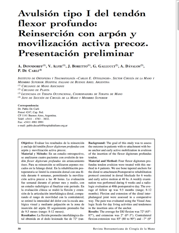 Avulsión tipo I del tendón flexor profundo: Reinserción con arpón y movilización activa precoz. Presentación preliminar